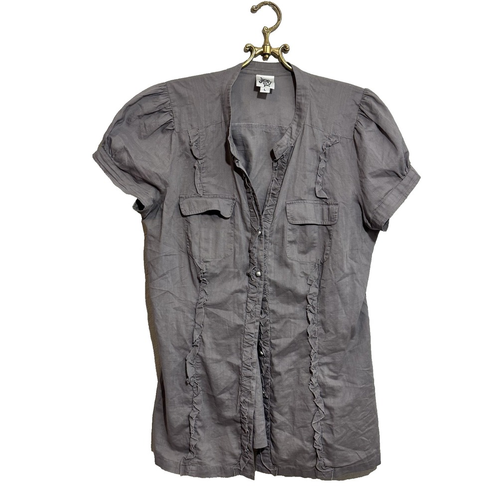 Ivy Jane Sz Large RUFFLE FRONT 3/4 SLEEVE BLOUSE  Short Sleeve Taupe Cotton